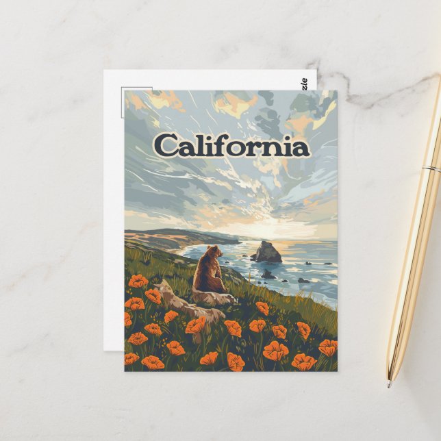 California Bear Poppies Flowers Coast Retro Postcard (Front/Back In Situ)