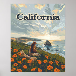 California Bear Poppies Flowers Coast Retro Poster
