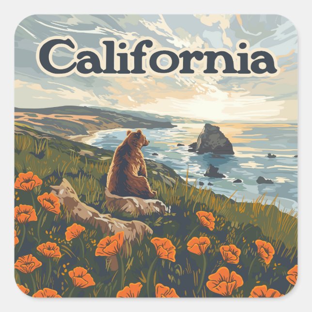 California Bear Poppies Flowers Coast Retro Square Sticker (Front)