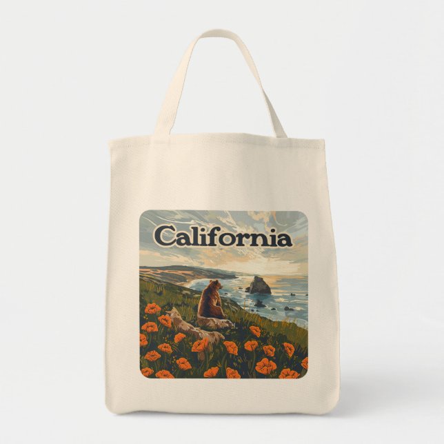 California Bear Poppies Flowers Coast Retro Tote Bag (Front)