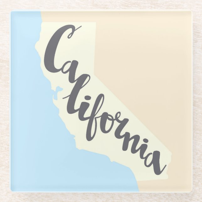 California Brush Lettering With Silhouette Map Glass Coaster (Front)
