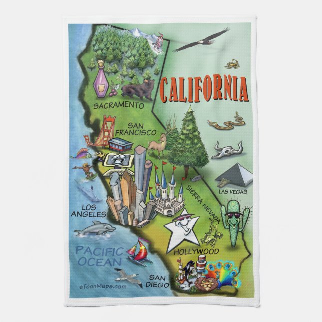 California Cartoon Map Tea Towel (Vertical)