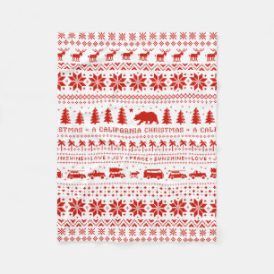 California Christmas Holiday Pattern Red on White Fleece Blanket