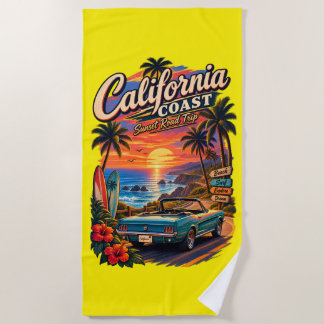 California Coast Sunset Road Trip Beach Towel