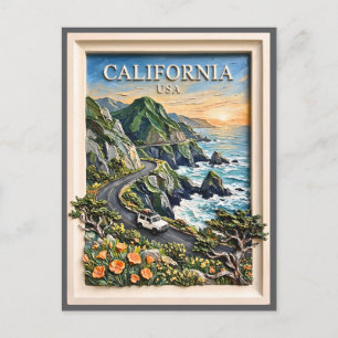 California Coastal Road Trip Vintage Landscape Art Postcard