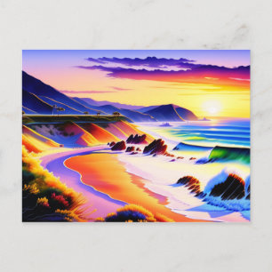 California Coastline Sunset Watercolor Postcard