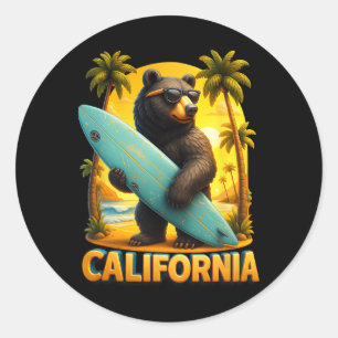 California Cool Republic Sungl Bear Surfing Beach Classic Round Sticker