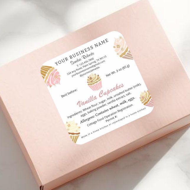 California Cottage Food Law Ingredients Stickers (Blush Pink Cupcake Bakery Cottage Food Law square Stickers)