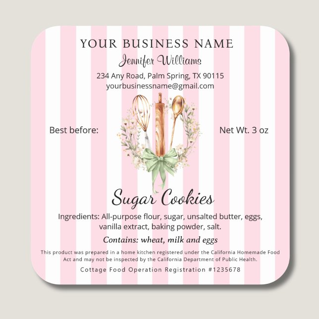 California Cottage Law Food Bakery Label Utensils (California Cottage Law Food Label)