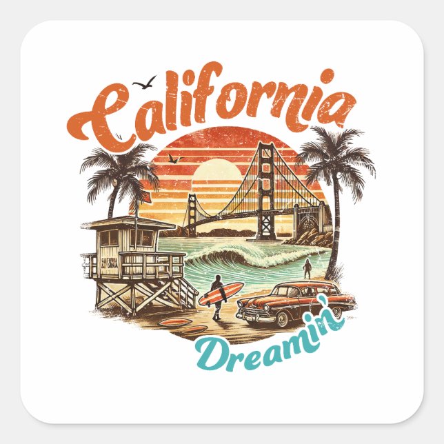 California Dreamin’ – Coastal Bridge, Beach Square Sticker (Front)
