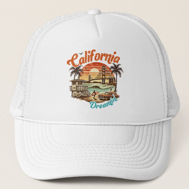 California Dreamin’ – Coastal Bridge, Beach Trucker Hat (Front)