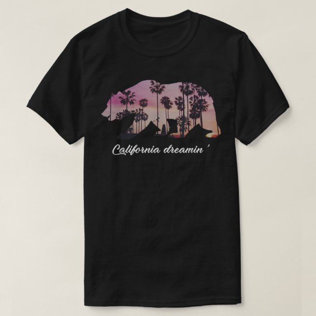 California Dreaming Cali Flag Bear Palm  T-Shirt (Design Front)