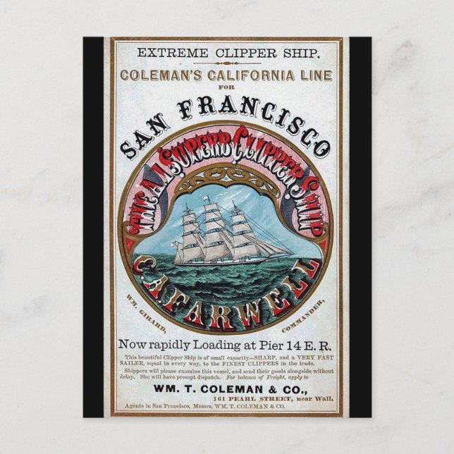 California Farwell Clipper sailing ship 1900 Postcard (Front)