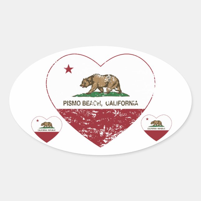 california flag pismo beach heart distressed oval sticker (Front)