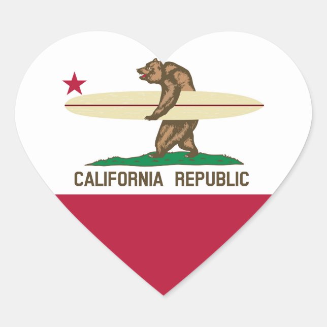 California Flag Surfer Bear Heart Shaped Sticker (Front)
