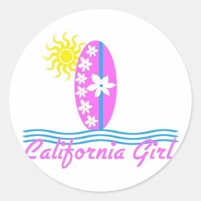 California Girl Pink Surfboard W/Sun Classic Round Sticker (Front)