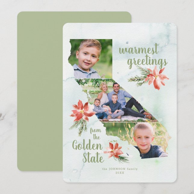 California Golden State Map Holiday 3 Photo Card (Front/Back)