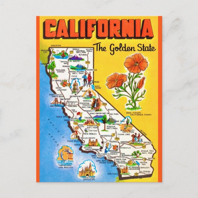 California Golden State Map Postcard (Front)