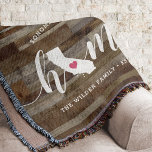 California Home State Personalized Wood Look Throw Blanket<br><div class="desc">Show some home state pride with this cute rustic faux wood plank throw blanket featuring "home" in white calligraphy script lettering with a silhouette map of the state of California standing in for the letter "O." A pink heart illustration inside the state map completes the design; you can change the...</div>