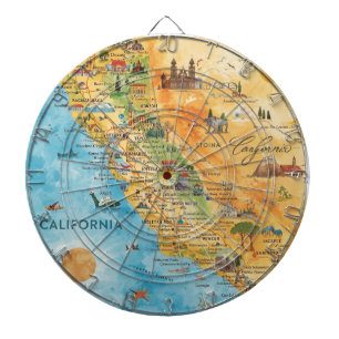 California Illustrated Watercolor Map Art Dartboard