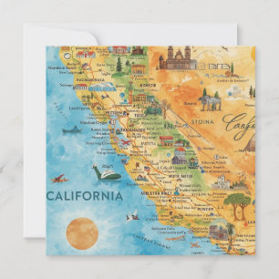 California Illustrated Watercolor Map Art Holiday Card