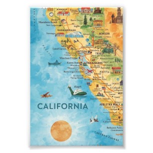 California Illustrated Watercolor Map Art Photo Print