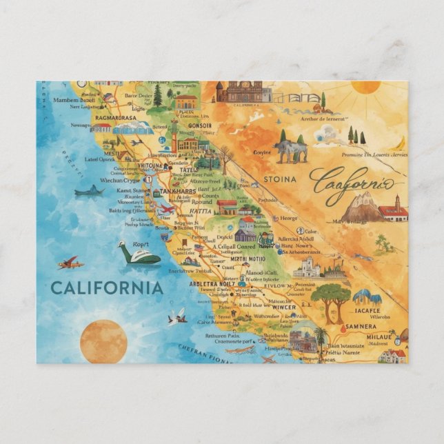 California Illustrated Watercolor Map Art Postcard (Front)
