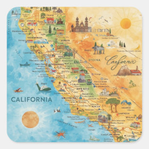 California Illustrated Watercolor Map Art Square Sticker