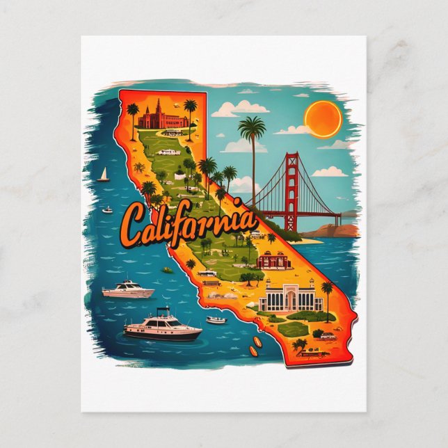California Landmarks Map Illustration–Retro Travel Postcard (Front)