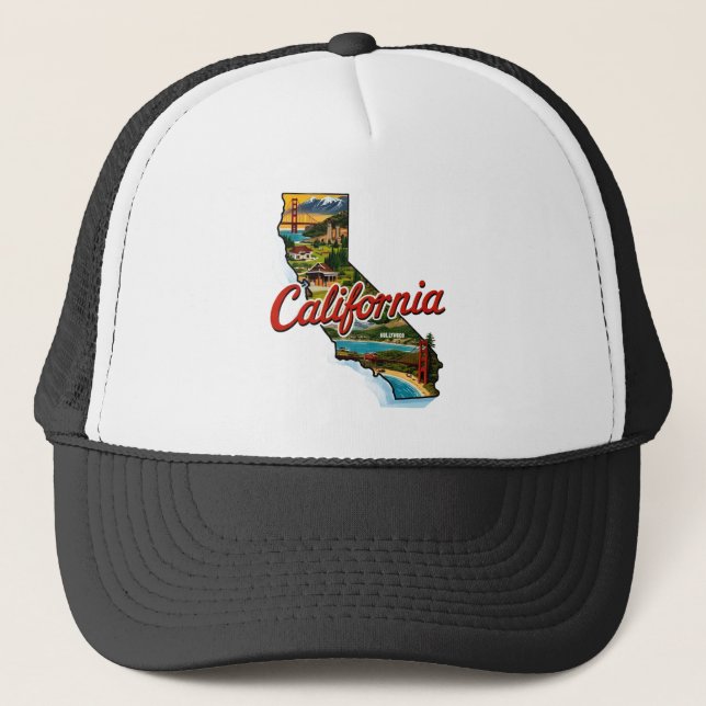 California Landmarks Map Illustration–Retro Travel Trucker Hat (Front)