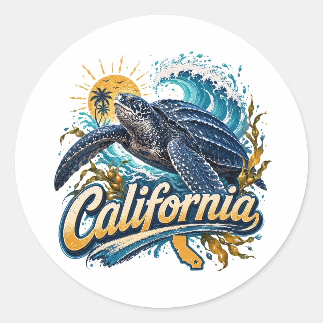 California Leatherback Turtle Coastal Art Classic Round Sticker (Front)