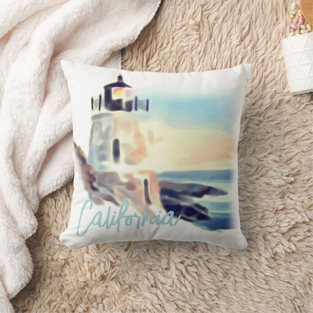 California Lighthouse Sunset Painting Fine Art Cushion (Blanket)