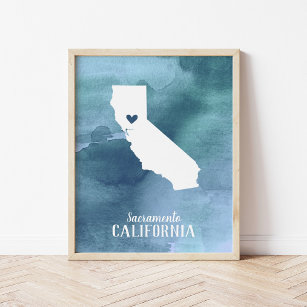 California Map Blue Watercolor Personalised Art Poster