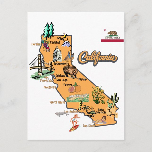 California Map with Tourist Destinations Postcard (Front)