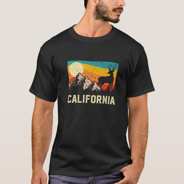 California Nature Wild Deer Retro Sunset Hiking T-Shirt (Front)