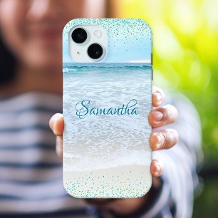 California Ocean Beach Blue Gold Confetti Custom iPhone 15 Case