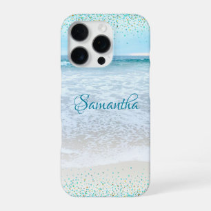 California Ocean Beach Photo Blue Gold Confetti iPhone 16 Pro Case