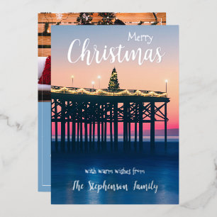 California Ocean Beach Pier Custom Photo Foil Holiday Card