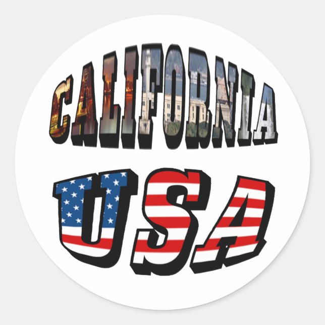 California Picture and USA Flag Text Classic Round Sticker (Front)