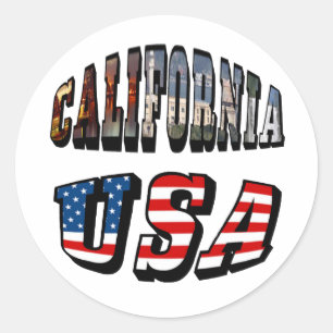 California Picture and USA Flag Text Classic Round Sticker