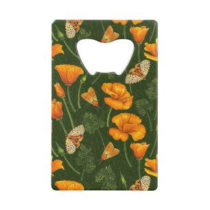 California poppies and moths on dark green