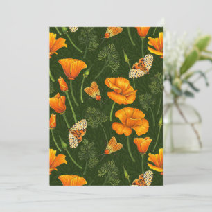 California poppies and moths on dark green