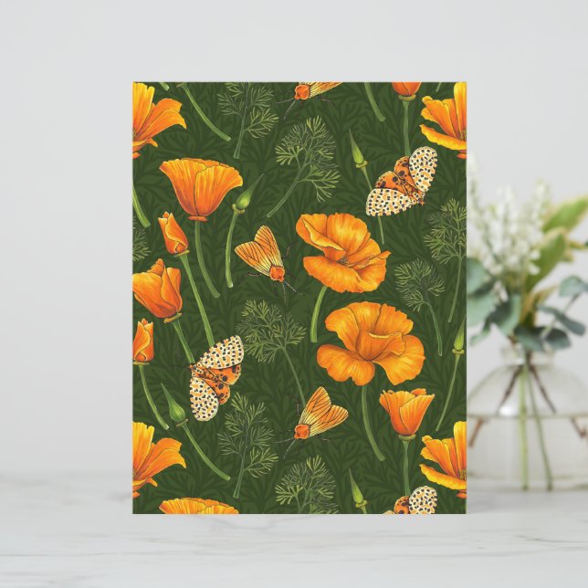 California poppies and moths on dark green (Standing Front)