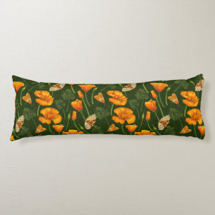 California poppies and moths on dark green body cushion