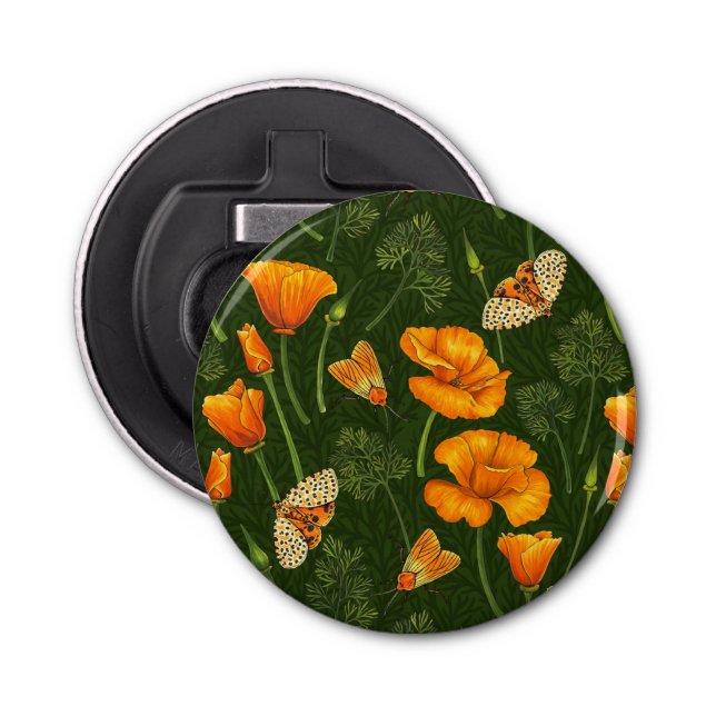 California poppies and moths on dark green bottle opener (Front)
