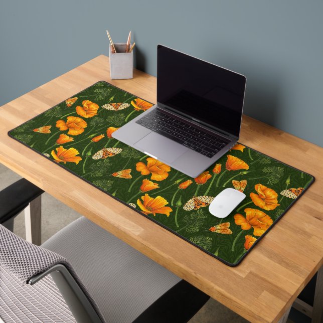 California poppies and moths on dark green desk mat (Office 2)