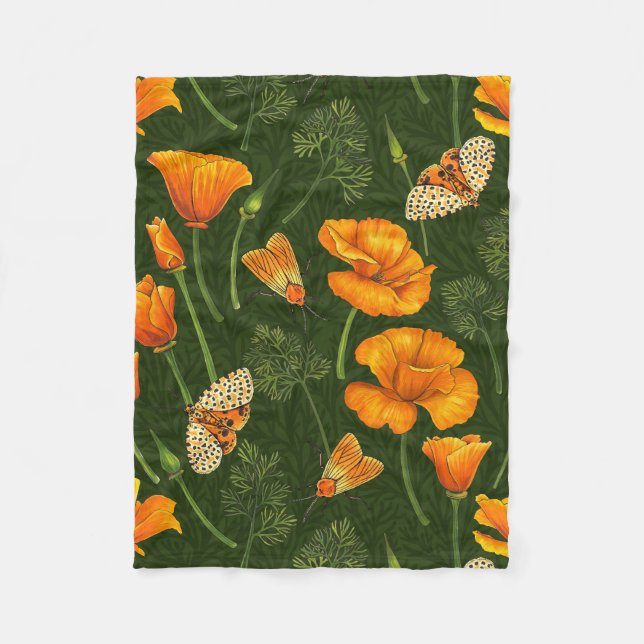 California poppies and moths on dark green fleece blanket (Front)