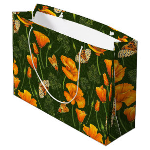 California poppies and moths on dark green large gift bag