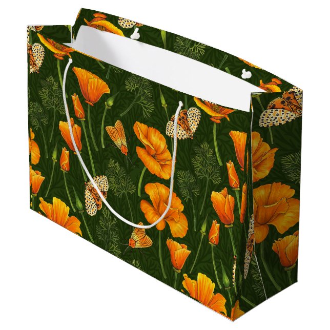 California poppies and moths on dark green large gift bag (Back Angled)