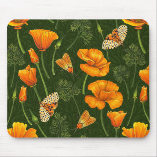 California poppies and moths on dark green mouse mat